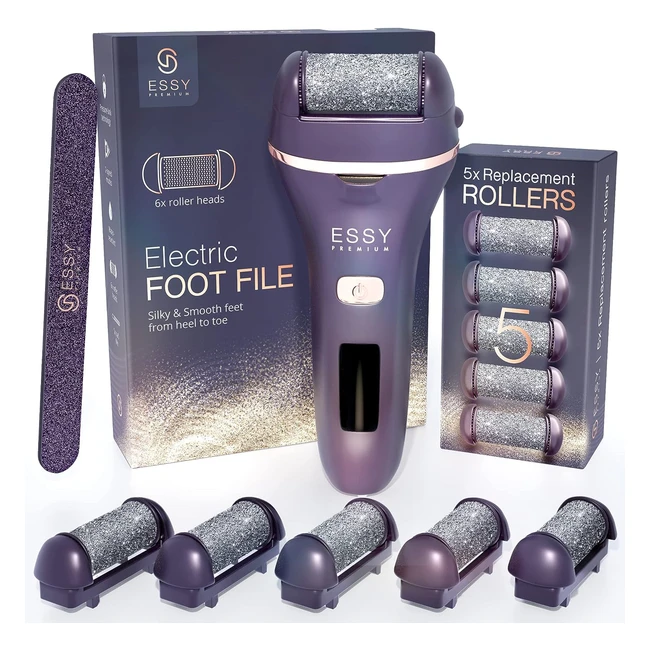 Essy Electric Foot File - Pedicure Feet Hard Skin Remover - Rechargeable - 5 Replacement Rollers
