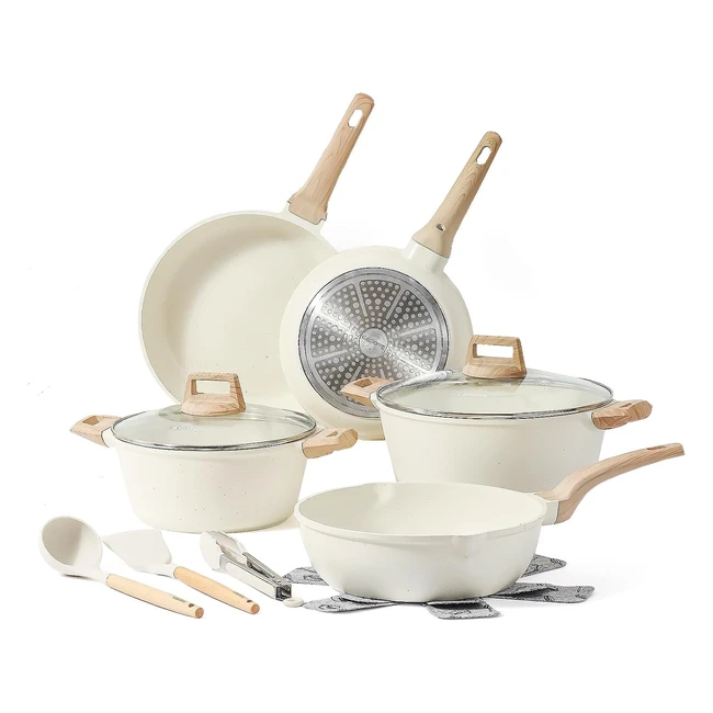 Carote Batería de Cocina 12 Piezas - Sartenes Antiadherentes 24cm/28cm, Ollas Cocina 4L/6.3L, Wok 28cm - Juego de Sartenes Inducción con Tapas, Espátula, Cuchara, Pinzas, Protector