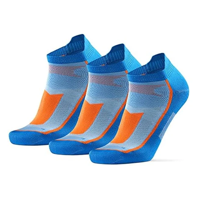 Danish Endurance 3 Pack Lowcut Ankle Socks for Sports | Anti-Blister Trainer Socks for Men & Women | Blue/Orange | Size 35