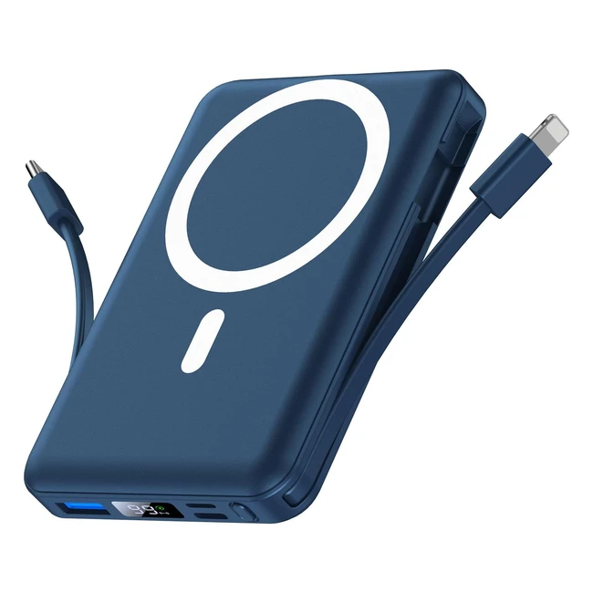 Batterie Externe Magnétique Magsafe 10000mAh - Charge Rapide PD 225W - 2 Câbles Intégrés - Affichage LED - iPhone 14/13/12/Pro/Pro Max - Bleu