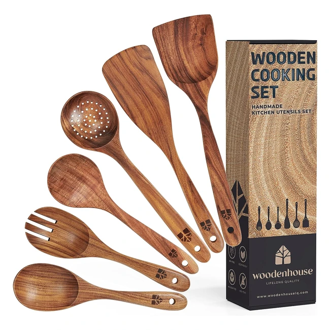 Set Utensili Cucina Legno Mestoli in Legno Schiumarola Wok Attrezzi Cucina Antigraffio 6 Pezzi
