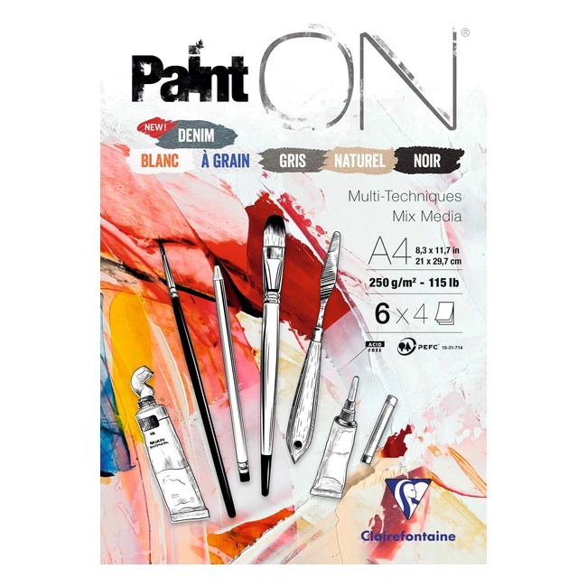 Clairefontaine 975410C - Blocco Collato Painton Multitecnica - 24 Fogli Carta da Disegno - Assortiti 6 Colori - A4 21x297 cm 250g