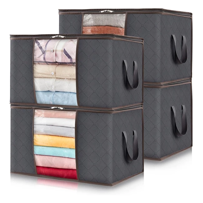 Lifewit 90L Clothes Storage Bags - Large Box with Lid - Reinforced Handle - Thick Fabric - Clear Window - 4 Pack Grey