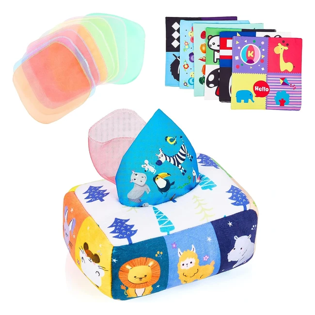 Caja de Pañuelos Montessori para Bebés - Juguetes Sensoriales de Peluche con Papel Arrugado y Bufandas - Aprendizaje Animal