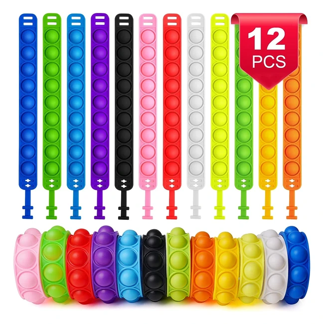 Braccialetto Pop Giocattoli 12 Pezzi - Fidget Toys Set - Braccialetti Fluorescenti per Bambini e Adulti - Antistress Indossabile - Push Pop Bubble - Silicone Arcobaleno