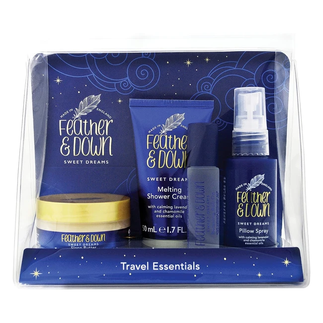 Feather Down Travel Essentials Gift Set - Pillow Spray, Shower Cream, Sleep Butter, Rollon