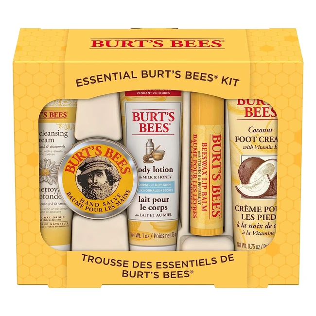 Burts Bees Essential Gift Set - Lip Balm, Hand Salve, Body Lotion, Foot Cream, Face Cleanser