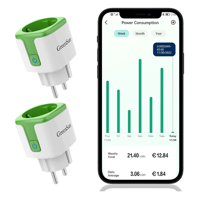 Prise connectée Greensun 16A WiFi compatible Alexa Google Home - Lot de 2