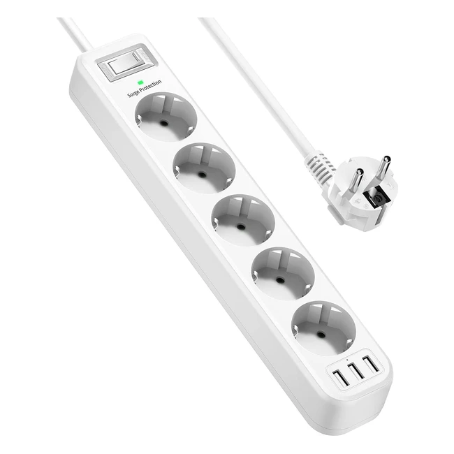 Regleta Enchufes USB Protección Sobretensión 5 Toma 4000W 3 USB Estación Carga Inteligente 18m Cable Viajes Casa Blanco