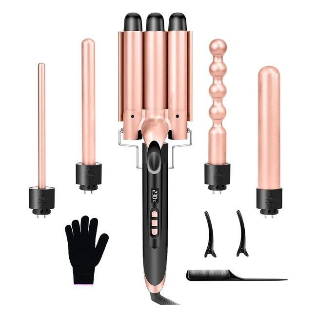 Fer à boucler 5 en 1, céramique interchangeable, température réglable, gant anti-brûlure, 2 pinces et 1 peigne