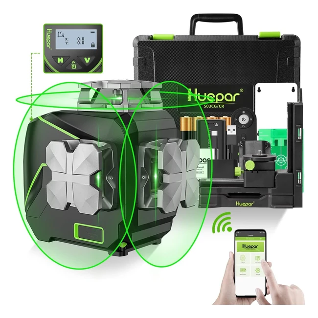 Nivel Láser 3x360 Huepar Autonivelante LCD 3D Bluetooth - Verde - Control Remoto