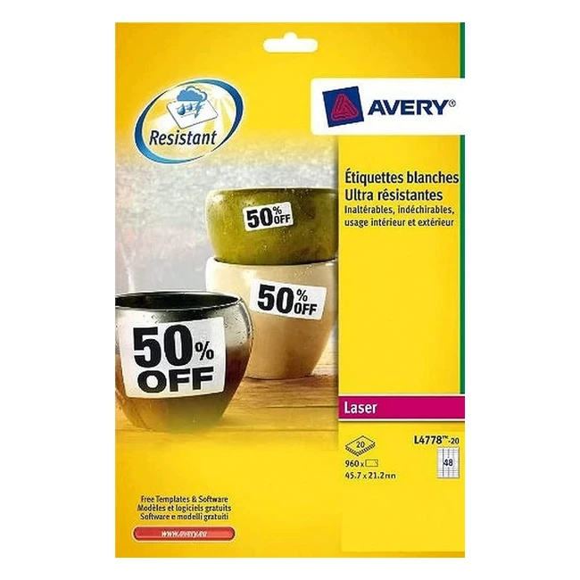 Avery L477820 Ultraresistant Labels - 960x, 457x212mm, White - Laser Printers