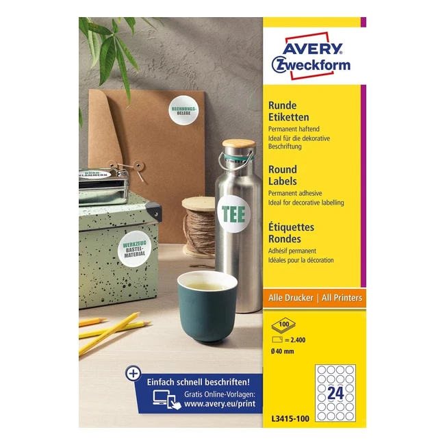 Etiquetas redondas Avery Zweckform L341510 - 240 pegatinas autoadhesivas de 40mm - Color blanco