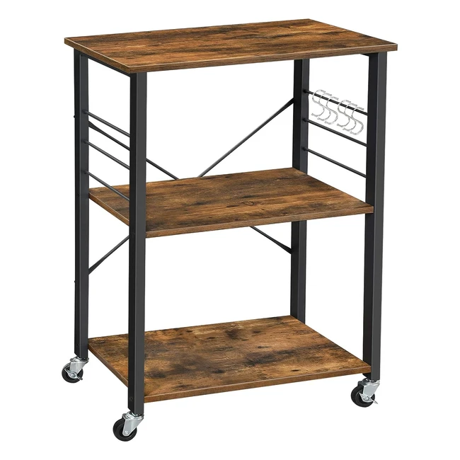 VASAGLE Küchenregal auf Rollen Servierwagen 3 Ebenen Mikrowellenregal Industriedesign Vintagebraunschwarz