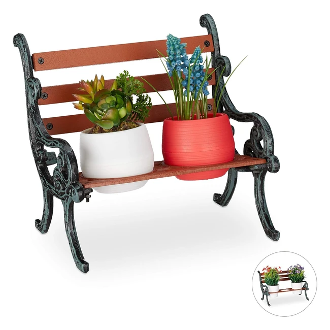 Mini supporto per fiori Relaxdays in ghisa e legno - Panchetta per 2 vasi - Stile vintage - 75 cm - Verde scuro/marrone