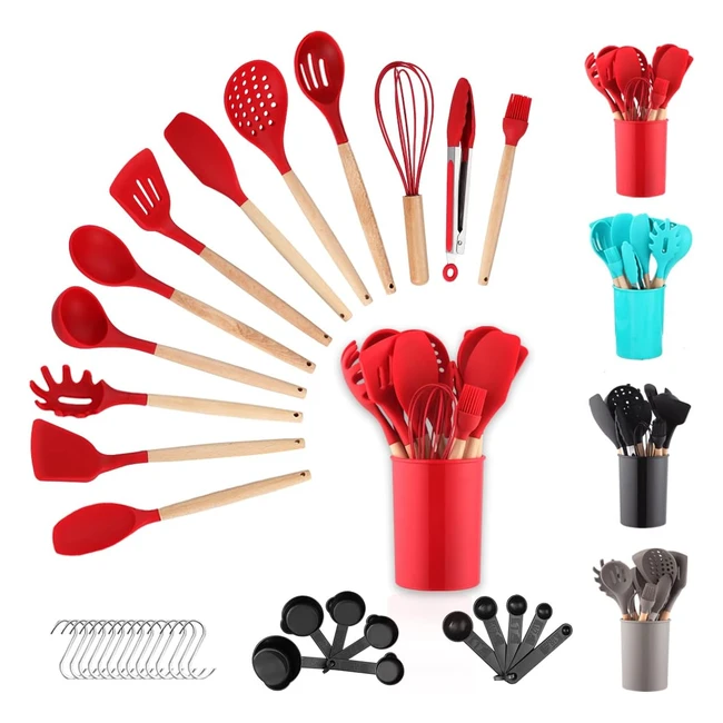 Ensemble d'ustensiles de cuisine en silicone Berglander 38 pièces avec crochets - Rouge