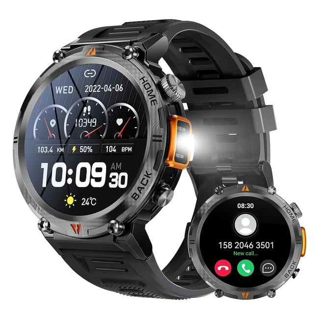 Montre Connectée Homme Ineyes avec Appels Bluetooth, Éclairage, Smartwatch, Moniteur Fréquence Cardiaque, Sommeil, Montre Intelligente Fitness - 110 Modes Sportifs, Militaire Smart Watch, Podomètre Bracelet