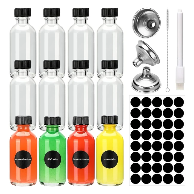 Mini bouteille en verre rutilisable 60ml - Bouchons noirs et entonnoir inclus