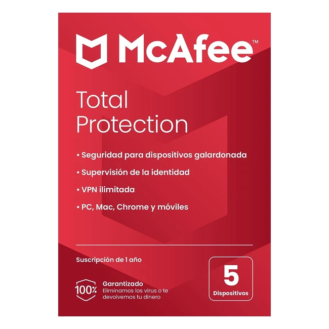McAfee Total Protection 2023 - Antivirus y VPN Ilimitada - 5 Dispositivos - ¡Protege tu seguridad en internet!