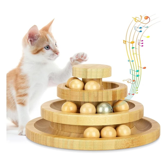 Tarnel Gioco Interattivo per Gatti in Legno - Girevole a Due Strati - Ruota a Dondolo - Smart Track Ball - Regali Giradischi per Gatti di Legno 3