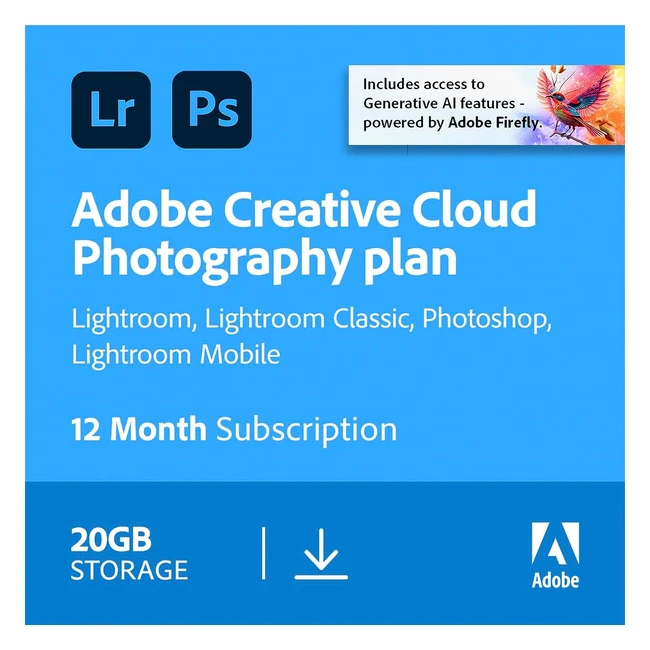 Adobe Creative Cloud Photography Plan 20GB - Photoshop, Lightroom - 1 Year