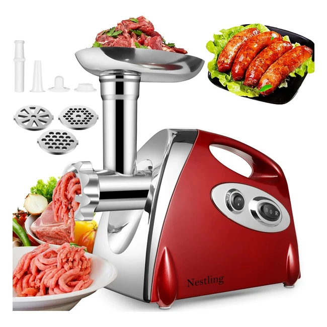 Tritacarne Elettrico 3in1 Nestling - 2800W, 3 Piastre di Macinazione in Acciaio Inossidabile, Attacco per Salsiccia e Kibbeh