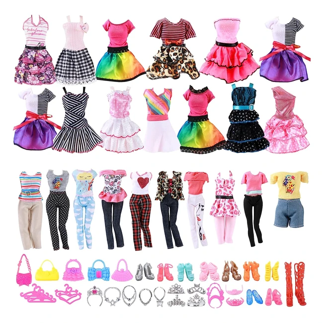 Vicloon Ropa y Accesorios para Muñecas - Conjunto de 43pcs con Vestidos de Fiesta, Tops, Pantalones, Zapatos, Complementos, Perchas y Bolsos