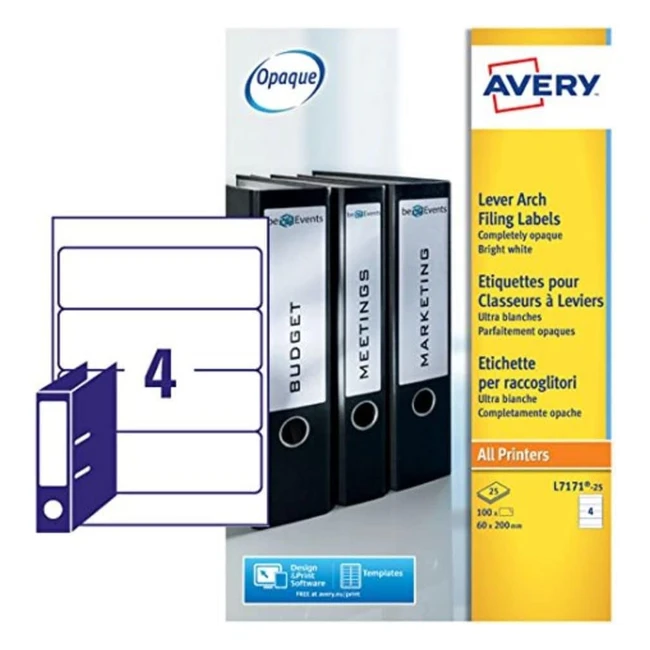 Avery L717125 Self-Adhesive Lever Arch File Labels - 100 Labels per Pack