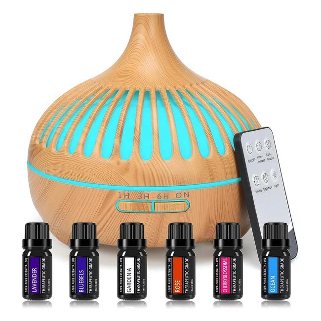 Difusor Aceites Esenciales 550ml - Humidificador Aromas Ultrasonico - 6x10ml Aceites Esenciales - Silencioso - Mando a Distancia - Timer - 7 Colores LED - Hogar Spa