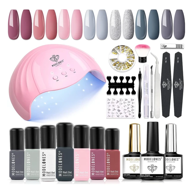 Kit Manucure Semi Permanent Modelones 48W - 22pcs Ongle Gel UV Complet Gris Rose Argent - Vernis Gel 6ml - Base Top Coat - Nail Art Kit Cadeau