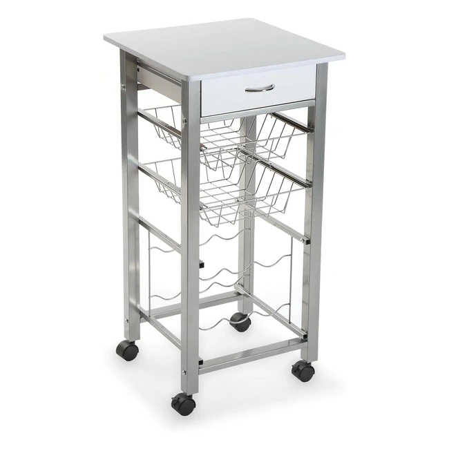 Carro de cocina Versa Leicester con ruedas, cajones y botellero | Medidas 82x40x40 cm | Color blanco