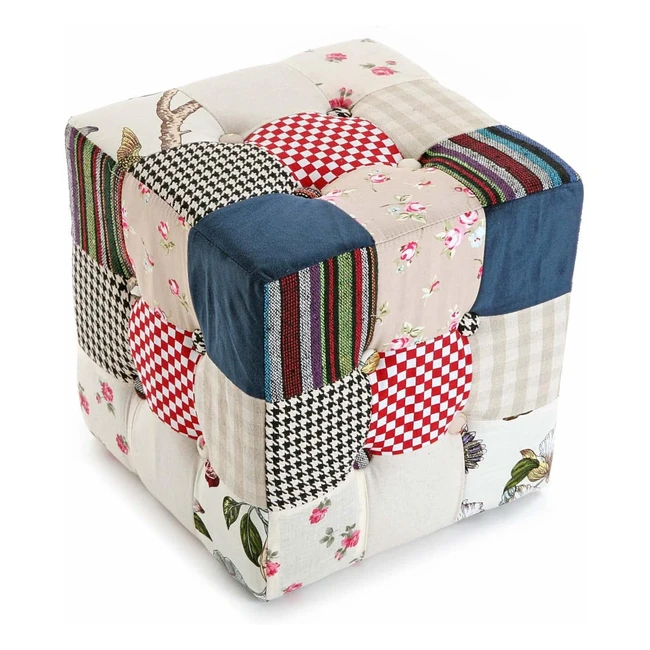 Taburete Puff Cuadrado Versa Romantic Patchwork - Reposapies para Salón o Dormitorio - 35x35x35 cm - Algodón y Madera - Color Azul