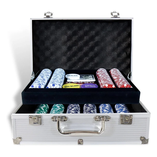 Juego de Poker Profesional - Maletín de Aluminio - Set 300/500 Chips - Barajas de Cartas - Distribuidor - Tapete y 5 Dados