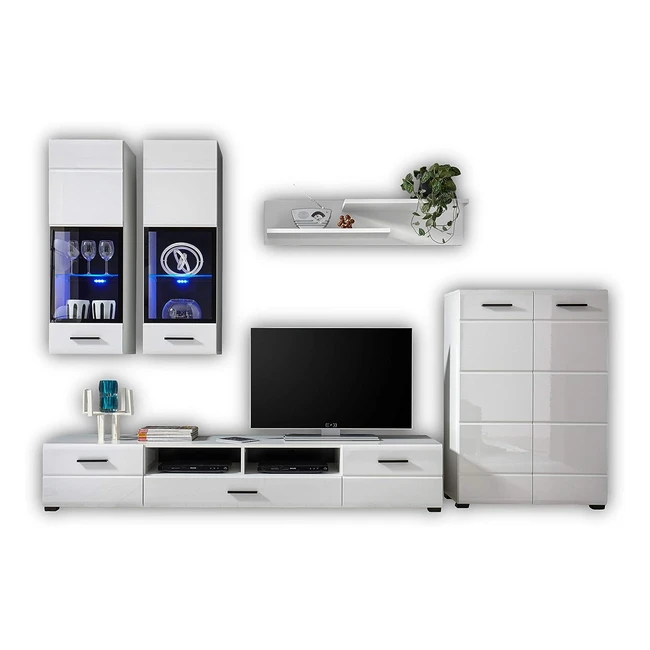 Stella Trading Alaska Wohnwand - Hochglanz Wei - LED-Beleuchtung - 285 x 190 x
