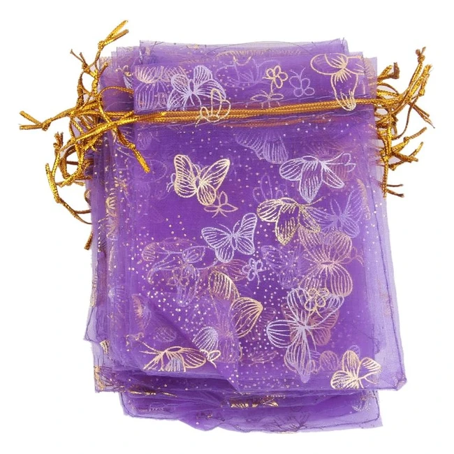 100 Bolsas de Organza con Cordón para Regalos de Boda - Mariposas Morado