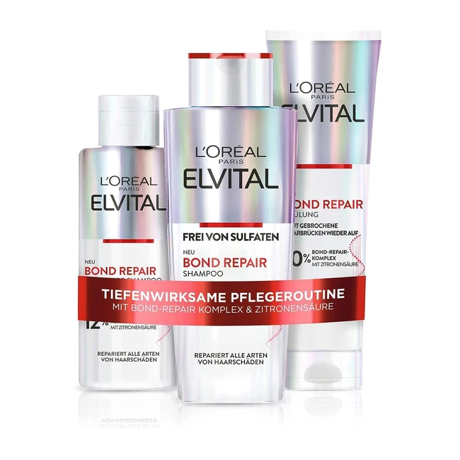 L'Oréal Paris Elvital Haarreparatur-Routine mit Shampoo, Conditioner und Preshampoo mit Bond Repair Complex und Zitronensäure für weniger Haarbruch und mehr Glanz - 3-teilig