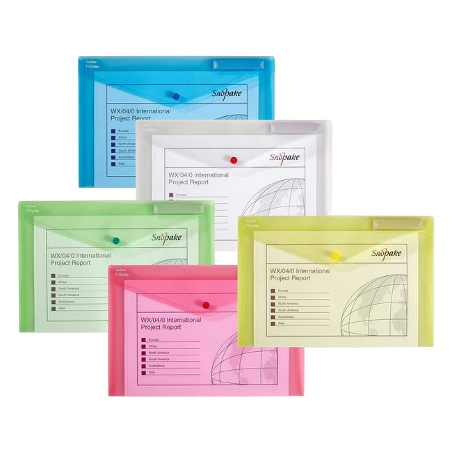 Snopake Foolscap Classic Assorted Polyfile Popper Wallet Pack of 5 - Index Tab & Press Stud Closure