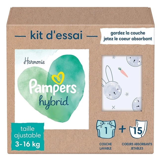 Kit d'essai Pampers Harmonie Hybrid - 1 couche lavable + 15 protections jetables - Peau sensible des bébés - Ingrédients végétaux - 0 parfum