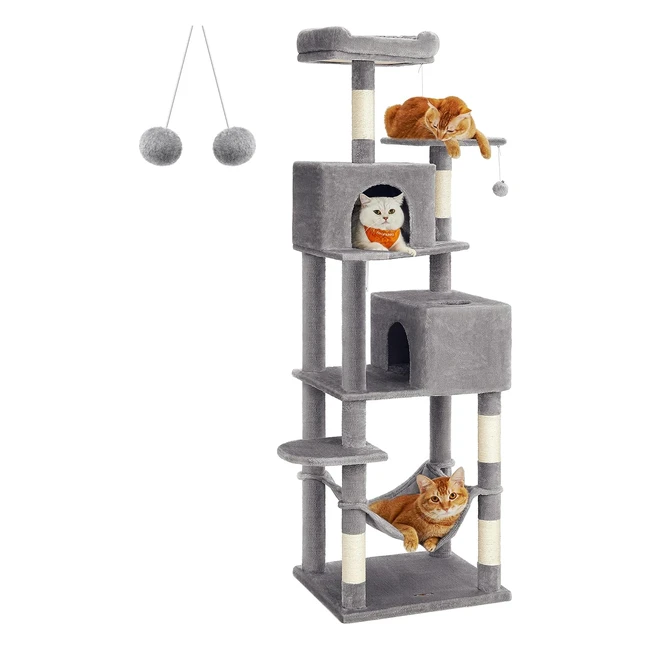 Feandrea Cat Tree 191cm - Multilevel Cat Tower with Scratching Posts, Caves, Hammock - Light Grey