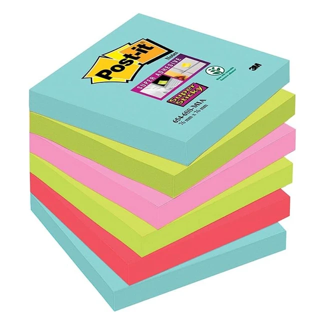 Post-it Super Sticky Notes Miami Collection 6546SMI, 76 x 76 mm, 6 Pads, 90 Sheets, 4 Colors
