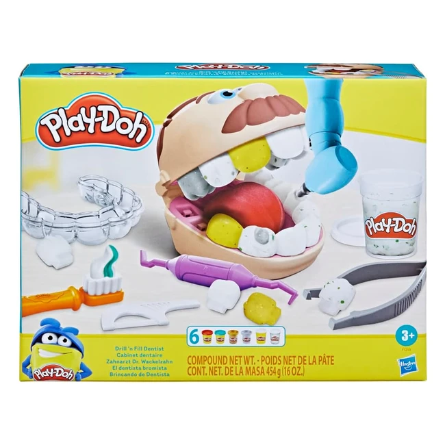 Play-Doh Zahnarzt Dr. Drill 'n Fill Spielset für Kinder ab 3 Jahren mit Karies-Knete und Metallfarbener Knete - 10 Modellierwerkzeuge, 8 x 56g Dosen