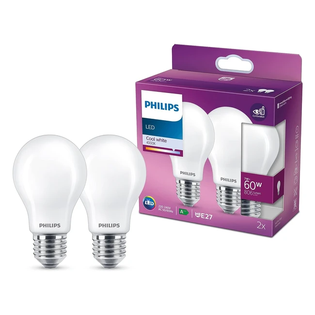 Philips LED Premium Classic A60 Frosted Light Bulb 2 Pack E27 Edison Screw 60W Cool White 4000K Non-Dimmable