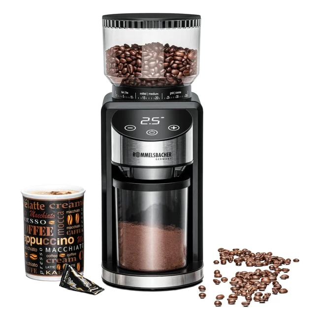 Rommelsbacher EKM 400 Kaffeemühle - Kegelmahlwerk, antistatische Funktion, 12 Portionen, 35 Mahlstufen, 220 g Bohnenbehälter, 130 Watt, Schwarz/Edelstahl