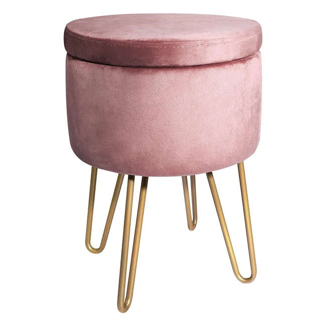 Bontec Velvet Dressing Table Stool with Storage | Modern Round Vanity Stool | Metal Legs | Pink
