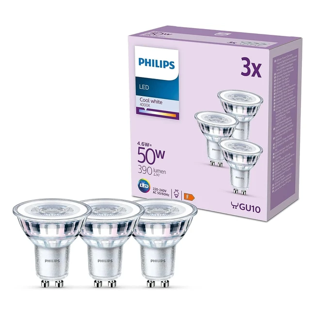 Philips LED Classic Spot Light Bulb 3 Pack - Cool White 4000K - GU10 50W Non-Dimmable - Energy Saving