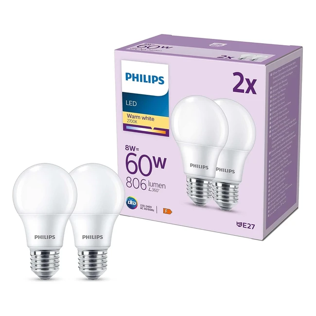 Philips LED Frosted A60 Light Bulb 2 Pack Warm White 2700K E27 Edison Screw 60W Non Dimmable