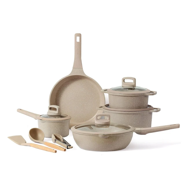 Carote Batería de Cocina Inducción 12 Piezas - Antiadherentes - 28cm Sartenes - Ollas 20cm/24cm - Cazos 18cm - Wok 28cm - Juego con Tapas - Espátula, Cuchara, Pinzas