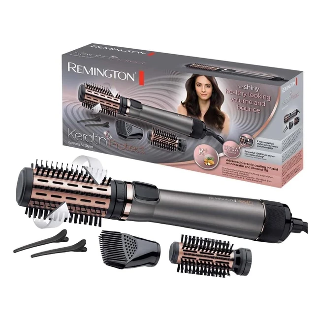 Remington Warmluftbürste rotierend automatisch Keratin Protect inkl. 3 Aufsätze 2 Rundbürsten+Haaransatzbooster für mehr Volumen + Haarklammern Keratin-Keramikbeschichtung mit Mandell AS8811