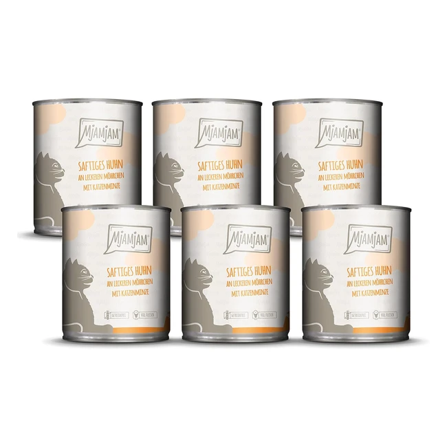 mjamjam Premium Nassfutter für Katzen, saftiges Hühnchen auf köstlichen Karotten, 6er Pack (6 x 800 g), getreidefrei mit extra viel Fleisch