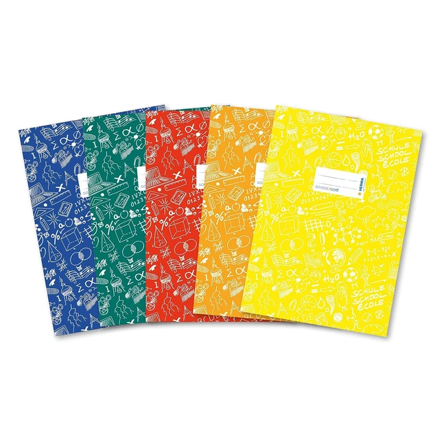 Lot de 5 protège-cahiers A4 en plastique Herma avec motifs - Bleu, Rouge, Vert, Jaune, Orange